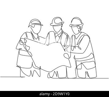 One line drawing young builder and architect wearing construction vest and helmet looking for building design on blue print together. Great teamwork Stock Vector