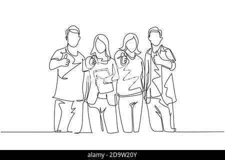 One line drawing of groups of happy college students giving thumbs up gesture after studying together at university library. Learn and study in campus Stock Vector