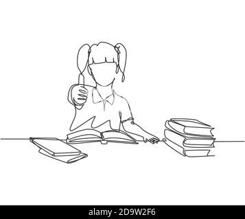One line drawing of young happy elementary school girl student