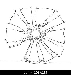 One line drawing of young happy people join their hands together to show teamwork and unity and create circle shape. Team building concept Stock Vector