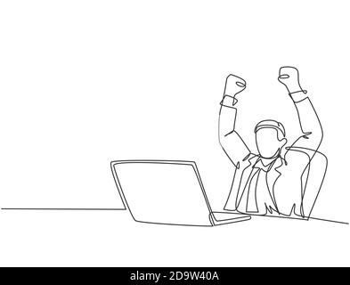 One single line drawing of young happy male manager sitting on chair and clenched fist raised in the air in front of computer. Success business deal Stock Vector