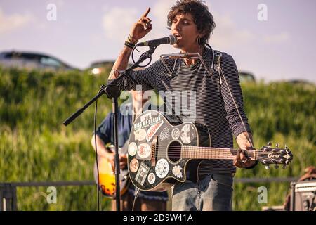 Very expressive singer while performing live Stock Photo