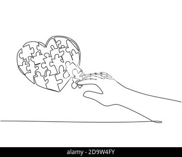 Single continuous line drawing of young happy woman put the puzzle pieces together to cute heart shape form. Romantic game of love concept Stock Vector