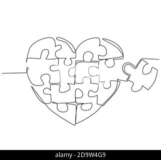 Single continuous line drawing of set puzzle pieces put it together to cute heart shape form symbol. Romantic marriage love concept. Trendy one line Stock Vector