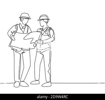 One continuous line drawing of young architect explaining building design blueprint to contractor. Construction business planning concept Stock Vector