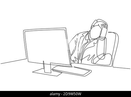 Single continuous line drawing of young sleepy businessman fall asleep on office chair with computer turn on at work desk. Work fatigue concept Stock Vector