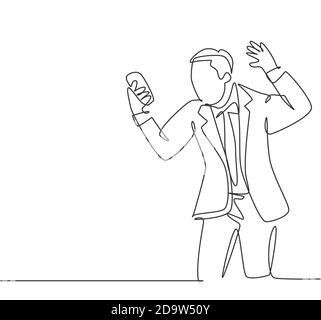One single line drawing of young angry businessman screaming his workers on phone call because of reckless work. Anger management at office concept Stock Vector