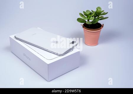 Bangkok, Thailand - November 19, 2017:Brand new generation of Apple iPhone 8 plus with box isolate on white background. iPhone is most popular of smar Stock Photo