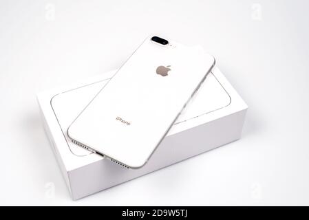 Bangkok, Thailand - November 19, 2017:Brand new generation of Apple iPhone 8 plus with box isolate on white background. iPhone is most popular of smar Stock Photo