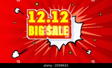 Shopping Day 12.12 Global Big Sale of the year. Expressive volumetric text. Pop art background with comic speech bubble. Vector 3d illustration. Stock Vector