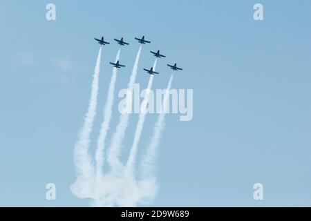 Bangkok, Thailand-March 23, 2013:The Acrobatic Breitling Jet Team performed at the event of Breitling Jet Team Under The Royal Sky at Royal Thai Air F Stock Photo