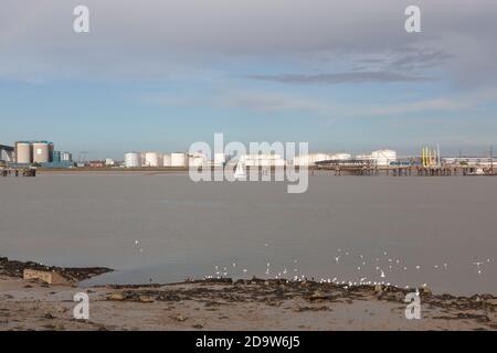 Small white sail boat in the Thames Estuary sails past Oil Storage Depot in Thurrock, Essex, UK. Stock Photo