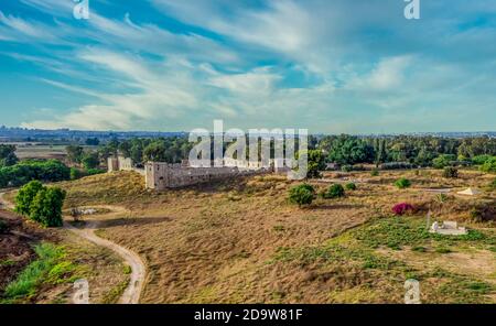 Aerial view of Binar Bashi or Antipatris, Ottoman era stone stronghold in Israel with square layout dreamy cloudy blue sky Stock Photo