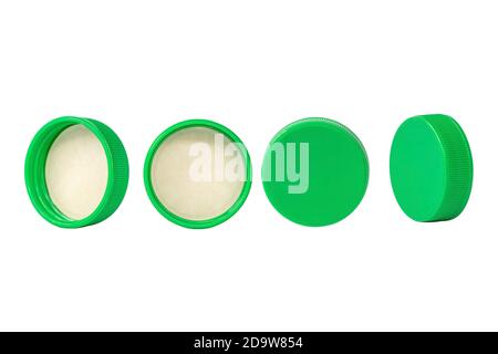 Green plastic bottle cap isolated on white background. Stock Photo