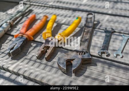 Set of construction and household tools with pliers and wrenches Stock Photo