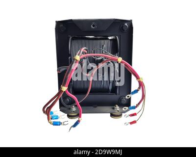 Closeup electric transformer isolated on white background. Stock Photo