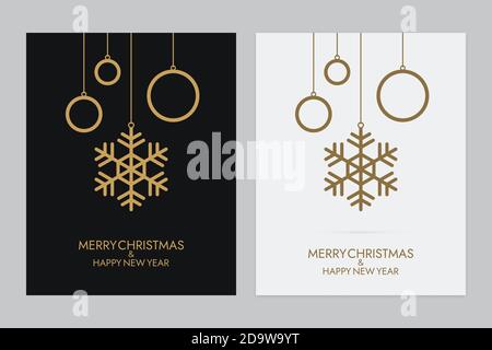 Hanging gold colored snowflakes with rings. Abstract Christmas balls on black and white backgrounds. New year greeting card design. Stock Vector