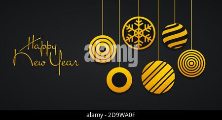 Abstract Christmas balls with snowflakes, linear stripes and concentric circles. Hanging gold colored balls on black background. New year greeting car Stock Vector