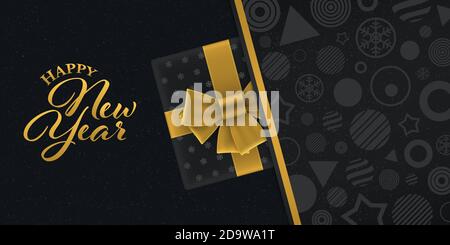 Gold colored new year greeting card with gift box on black geometric patterned background. Luxury new year banner design. Stock Vector