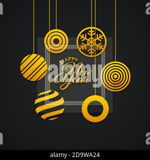 New year greeting card design. Abstract Christmas balls with glass panel. Hanging gold colored balls on black background. Stock Vector
