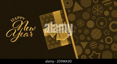 Luxury new year banner with gift box on brown geometric patterned background. Gold colored new year greeting card design. Stock Vector