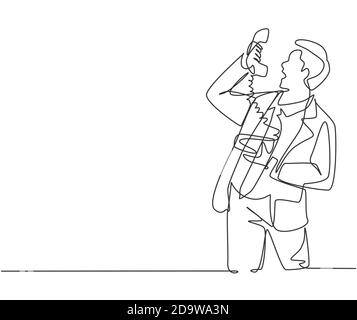 One continuous line drawing of young angry businessman shouting his staff on phone to give him a lesson. Furious business problem concept Stock Vector