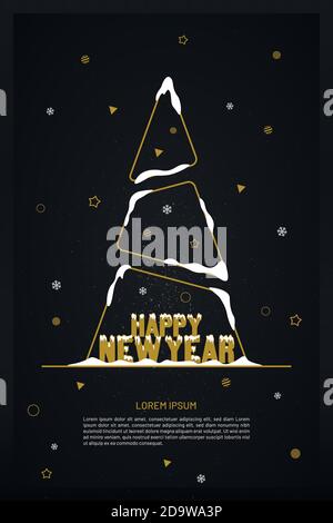 New year greeting card with abstract outline tree and snow on black background with geometric shapes. Luxury new year banner design. Stock Vector
