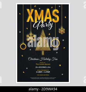 Gold colored Xmas party poster with abstract tree, Christmas balls, snowflakes and confetti on black background. Luxury Christmas party invitation des Stock Vector