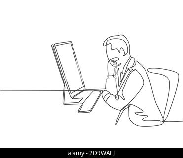 One continuous line drawing of young manager thinking seriously on his desk while holding glasses in front the laptop. Business innovation process Stock Vector