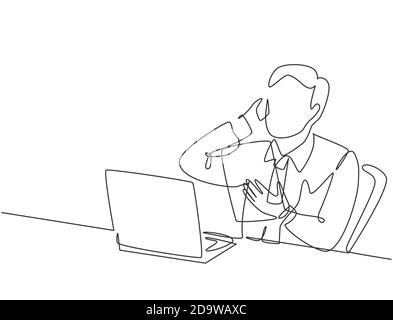 One continuous line drawing of young manager read company annual report and match it with data at computer while receive a pone call. Company audit Stock Vector