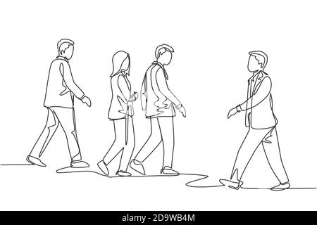 One single line drawing of young businessmen and businesswoman walking together on city street to go to the office. Urban commuter workers concept Stock Vector