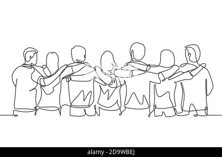 Single continuous line drawing about group of men and woman from multi ethnic standing together to show their friendship bonding. Unity in diversity Stock Vector
