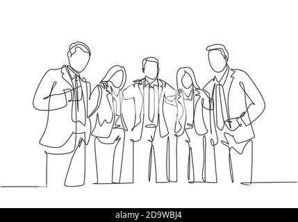 One continuous line drawing of young male and female business people from multi ethnic standing together and posing elegantly. Unity in diversity Stock Vector