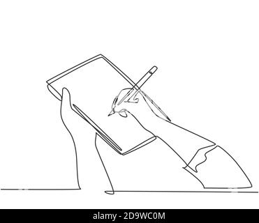 Single continuous line drawing of hand gesture fast writing on paper at clipboard. Business to do list write on notebook concept. One line draw design Stock Vector