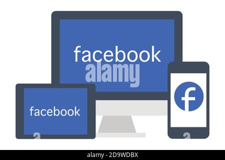 Facebook social media app on smartphone, desktop and tablet device concept. Stock Vector