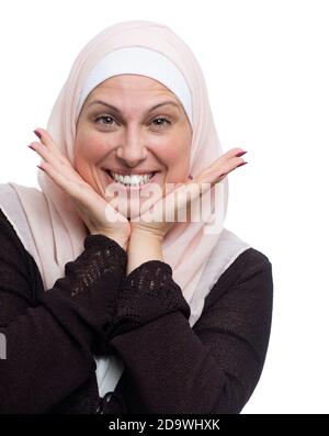 Happy Muslim Woman with A Beautiful Smile Over White Background Stock Photo