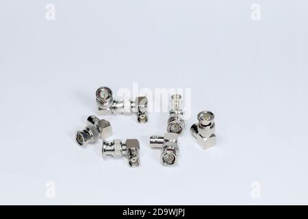 Group of joints bend BNC connector isolated on white background. Stock Photo