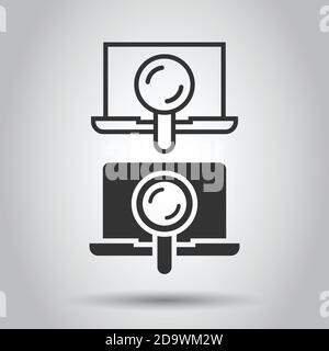 Computer search icon in flat style. Laptop with magnifying glass vector illustration on white isolated background. Device display business concept. Stock Vector