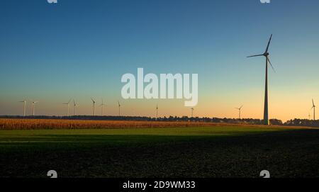 Scenic view of wind turbines on a field Stock Photo