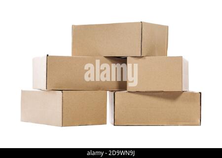 Stack of empty paper boxes for product packaging and delivery isolated on white background. Stock Photo