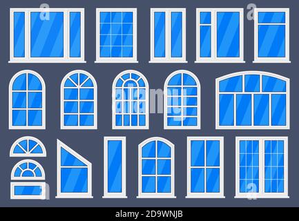 White windows. Plastic home or office windows, transparent glass interior and exterior windows. Outside view PVC windows vector illustrations Stock Vector