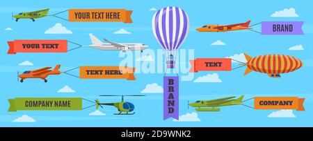 Airplane with banners. Planes, biplane, hot air balloon and airship with advertising banners. Flying vehicles with ad ribbons vector illustration Stock Vector