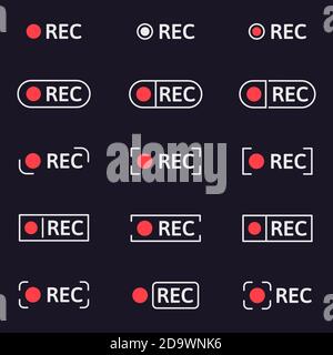 Recording icons. Smartphone or camera viewfinder record buttons, video recording screen indicator. Video app REC ui icons vector symbols set Stock Vector