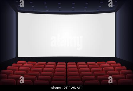 Empty cinema theatre. Film presentation scene with red chairs and white empty screen. Movie theatre empty scene vector illustration Stock Vector