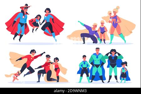 Superhero families. Wonder dad, mom and kids, superheroes characters in superhero mask and cloak costumes isolated vector illustration set Stock Vector