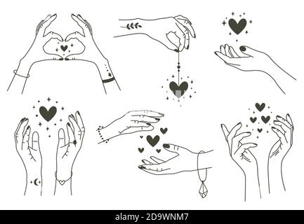 Magic hands with hearts. Boho linear style mystical hand, hand drawn arms with magic heart. Magical hands keep hearts vector symbols set Stock Vector