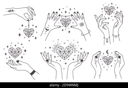 Mystical crystal hearts. Magical hands keep crystal hearts, spiritual witchcraft arms with gems. Magic esoteric hands vector illustration set Stock Vector