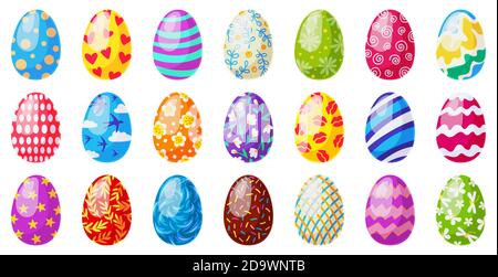 Cartoon easter eggs. Spring holiday chocolate egg, traditional ornament egg decoration, colorful easter egg decor vector illustration icons set Stock Vector