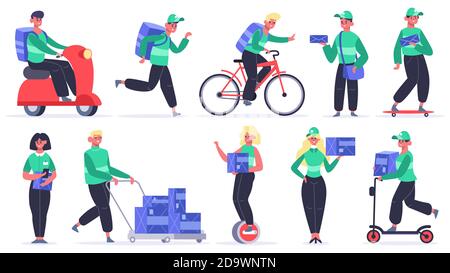 Male and female postman characters vector illustrations set Stock ...