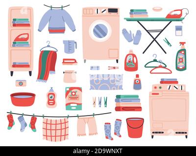 Home laundry. Clean laundry clothes, washing machine, household chemistry cleaning, ironing board and washing powder vector illustration set Stock Vector